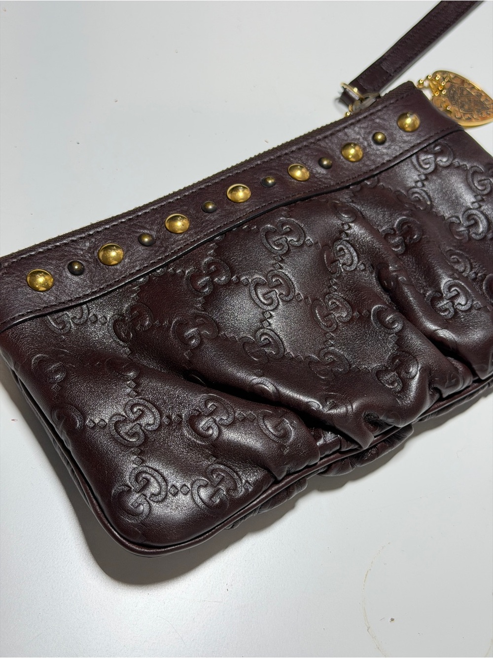 Gucci Babouska Dark Brown Embossed Leather Wristlet with Gold Studs vintage